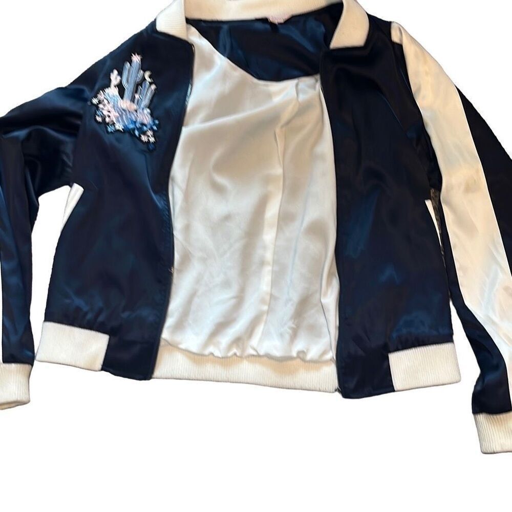 Juicy Couture Y2K Vintage Navy White Cactus‎ Applique Satin Bomber Jacket Small - Picture 4 of 10